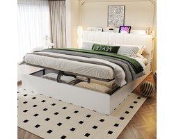 REDOM - Bed - Hydraulische opbergruimte - Hoofdbord met opbergvakken en USB - Lattenbodem - Moderne stijl - Slaapkamer - Hout en MDF - Wit - 220 x 181 x 103 cm