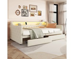 REDOM - Bed - Linnen & MDF, natuurlijke textuur - Met LED-omgevingslicht en USB-poort - 90x200 cm beige