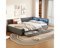 REDOM Bedbank – 140x200 cm – Met LED-licht, USB/Type-C & 2 lades – Linnen & MDF – Grijs