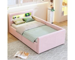 REDOM Bedbank 90x200 cm van fluweel (roze), met hydraulische opbergruimte en LED