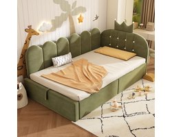 REDOM - Bedbank met opbergruimte - Velours bekleding - Kroon- en roosterdesign - L-vorm - Kindkamer en logeerkamer - Stof en metaal - Groen - 90 x 200 cm
