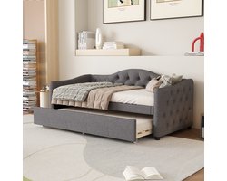 REDOM - Bedbank - Uitschuifbaar Logeerbed - Minimalistisch - Voor Slaapkamer - Linnen En MDF - Grijs - 90 x 200 Cm