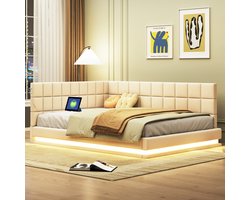 REDOM Bedframe 140x200 cm – Fluweel beige – Slaapbank met LED-licht & USB-poort – Multifunctioneel