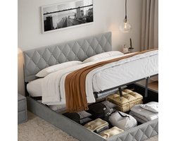 REDOM Bedframe 140x200 cm, gestoffeerd met lichtgrijze Hollandse stof, met opbergruimte en vast hoofdbord