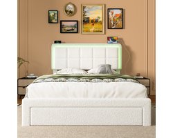 REDOM Bedframe 160x200 cm van teddy stof, met LED-hoofdbord en USB-aansluitingen