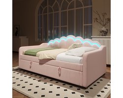 REDOM Bedframe 90x200 cm, gestoffeerd met fluweel en MDF, met hydraulische opbergruimte en LED-lichtstrip