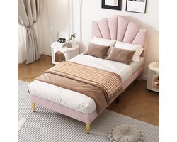 REDOM bedframe 90x200 cm – Gestoffeerd velvet roze – Schelpvormig verstelbaar hoofdbord (2 standen) – Gouden metalen poten – 12 latten – 150 kg