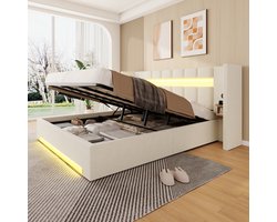 REDOM - Bedframe - Breed Hoofdbord - USB-Aansluitingen En Opbergkasten - Retro - Sfeerverlichting - Hydraulische Opbergruimte - Fluweel - Beige - 180x200 Cm