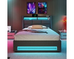 REDOM Bedframe met opbergruimte 90x200x117 cm van linnen, LED en USB-aansluiting