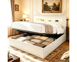 REDOM - Bedframe Met Opbergruimte - Hydraulisch Hefmechanisme - LED Hoofdbord - Stopcontacten - Modern - Hout - Wit - 180x200 Cm