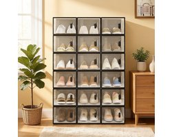 REDOM- Behuizingaccessoire - Schoenbox opbergkast - Stapelbaar modulair ontwerp - Transparant - Zwart - Kunststof - 18-delig - 75 x 35,5 x 111,5 cm