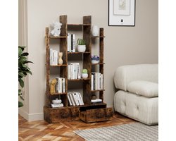 REDOM - Boekenkast - 12 open vakken en 2 lades - Vrijstaand boomvormig ontwerp - Open opbergkast - Industriële stijl - Metaal en hout - Bruin - 86 x 25 x 140,5 cm