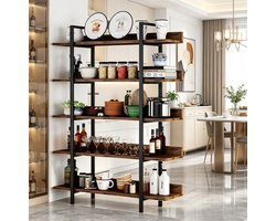 REDOM - Boekenkast - 5 niveaus - Open opbergrek - Industrieel design - Woonkamer, kantoor, keuken - Metaal en hout - Zwart, Rustiek bruin - 105 x 33 x 180 cm
