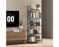 REDOM - Boekenkast - 5 niveaus - Open staand rek met X-rugsteun en anti-kantelvoorziening - Industriële stijl - Woonkamer of kantoor - Metaal - Zwart - 60 x 30 x 170,5 cm