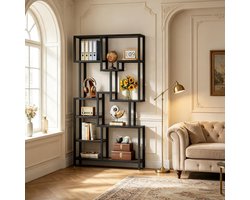REDOM - Boekenkast - Asymmetrische open vakken - 7 lagen - Industrieel - Woonkamer of thuiskantoor - Spaanplaat en metaal - Zwart - Rustiek bruin - 100 x 30 x 180 cm