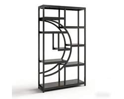 REDOM - Boekenkast / displayrek - Geometrisch halvemaanontwerp - Open rekken - Vrijstaand - Industriële stijl - Woonkamer, slaapkamer of thuiskantoor - Metaal en hout - Zwart - 95 x 30 x 175 cm