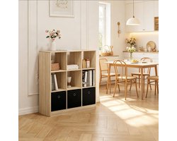 REDOM - Boekenkast - Open vakken - Vrijstaand - 3 stoffen lades - E1 hout met melamine - Licht eiken - Zwart - 80 x 86,5 x 30 cm