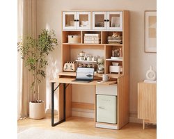 REDOM Bureau Met Kast 180 cm – Computertafel En Schrijftafel Met Opbergruimte En Lades – Draaibaar Werkblad – Thuiswerk Bureau Voor Kantoor En Studeerkamer – MDF Wit/Naturel – Moderne Kast
