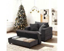 REDOM - Chaise longue met opbergruimte en voetsteun - Ribstof bekleding - Moderne stijl - Woonkamer en slaapkamer - Metaal en hout - Grijs - 107 x 74 x 57 cm