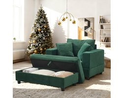 REDOM - Chaise longue - Opbergruimte - Voetsteun en 3 kussens - Modern - Woonkamer en slaapkamer - Ribstof - Smaragdgroen - 107 x 74 x 57 cm