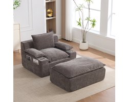 REDOM - Chaise longue / relaxsessel - Chenille bekleding - Met 4 kussens - Met bekerhouder en opbergzak - Montagevrij - Voor woonkamer en balkon - Grijs - 113 x 109 x 81 cm