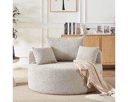 REDOM Comfortabele Ronde Fauteuil (Ø 127 cm) - Royale Loungestoel / Plofbank van Chenille met Nekrol - Geen Montage - Khaki