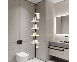 REDOM Douche rek Badkamer rek Douche organizer – Hoekmodel ruimtebesparend 4-laags opbergsysteem – Telescopisch met handdoekstang – RVS roestvrij staal – Modern design – Zilver