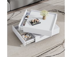 REDOM Draaibare salontafel 360° – wit spaanplaat, twee uitschuifbare lades, opstaande rand, soepel railsysteem, 60×60×38 cm