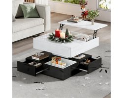 REDOM Draaibare salontafel 70×70 cm 360° draaiplateau, 3 laden, verstelbaar 40–55 cm, hoogglans zwart-wit