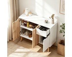 REDOM - Dressoir - 2 kasten en uittrekbare lade - Opbergmeubel voor servies en accessoires - Scandinavisch - Hout en spaanplaat - Wit en lichte eik - 90 x 30 x 72 cm