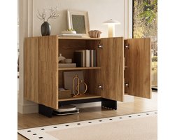REDOM - Dressoir - 3 deuren - Verstelbare legplanken en 3D puzzelfront - Franse stijl - Woonkamer of hal - Bamboe en MDF - Natuurlijk + Zwart - 105 x 33,5 x 76 cm
