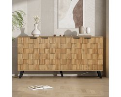 REDOM Dressoir 4-deurs 160,5×35,5×78 cm – houtlook, geometrisch deurpatroon, verstelbare planken en zwarte poten