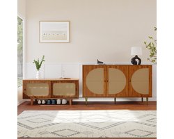 REDOM Dressoir set van rattan en spaanplaat, walnootkleurig, met opbergruimte en schoenkast