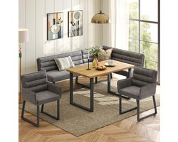 REDOM - Eckbankgruppen - hoekbank met 2 stoelen en eettafel - chenille bekleding - modern - keuken en eetkamer - hout en metaal - grijs en eiken - 224 x 147 x 83 cm