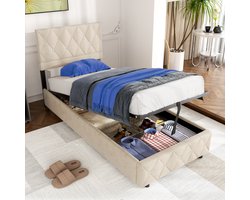 REDOM Eenpersoons Opbergbed (90x200) - Hydraulisch Bedframe met Bloem Hoofdbord - Luxe Velvet / Fluweel - Beige / Crème