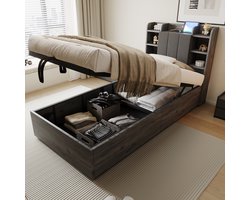 REDOM eenpersoonsbed 90x200 cm – MDF grijs – Hydraulische opbergruimte – Hoofdbord met meerdere opbergvakken + verborgen bergruimte – 3 USB + 1 Type-C – 12 latten – 150 kg