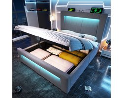 REDOM Eenpersoonsbed - Met Opbergruimte En Hydraulisch Systeem - Ledverlichting Met App- En Afstandsbediening - Usb En Type-C - Fluweel - Grijs - 90x200 Cm