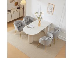 REDOM - Eetkamerstoel - Set van 4 - Bloemblaadje-rugleuning met armleuningen en kussen - Gouden metalen poten - Velvet - Grijs - 63 x 58 x 77 cm