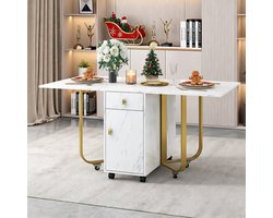 REDOM Eetkamertafel opvouwbaar van MDF met marmerlook, wit, 3-modi, 2 laden en groot opbergvak, goud accenten