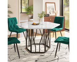 REDOM Eettafel 115,5 x 100 cm van MDF en staal, zeshoekig design met marmerpatroon en zwart stalen frame