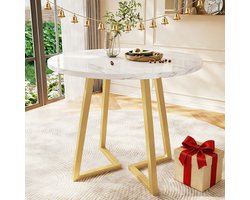 REDOM Eettafel rond Ø80 cm, MDF-blad met marmerpatroon en stijlvol metalen onderstel, wit modern ontwerp