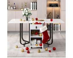 REDOM Eettafel van MDF met marmerlook en metalen onderstel, wit, inklapbaar met 2 laden, op wieltjes