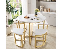 REDOM - Eettafelset Met 4 Stoelen - Rond - Modern - Voor Eethoek - MDF En Metaal - Wit En Goud - 80 x 80 x 75 cm