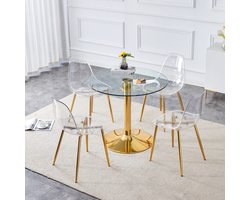 REDOM - Eettafelset - Ronde Gehard Glazen Tafel Met 4 Transparante Stoelen - Modern - Eetkamer - Glas Metaal Kunststof - Goud Transparant