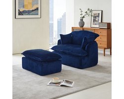 REDOM - Fauteuil Met Hocker - Compact - Geen Montage Nodig - Modern Met Vintage Charme - Voor Woonkamer - Flanelstof - Blauw - 115 x 89 x 77 cm