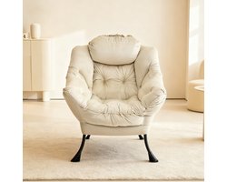 REDOM - Fauteuil Met Voetenbank - Ergonomisch Hoofdkussen En Zijvak - Modern - Voor Woonkamer - Stof En Metaal - Beige