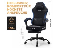 REDOM - Gamingstoel - Ergonomisch - Verstelbare zithoogte - Hoofdsteun en lendenkussen - Kantelbare rugleuning - Armleuningen - Wielen - Stof - Zwart en blauw - 58,5 x 63 x 120,5 cm