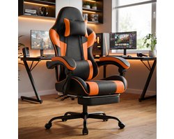 REDOM - Gamingstoel - Ergonomische lendensteun - Kantelbare rugleuning - Met hoofdsteun en armleuningen - Gamingstijl - Bureau - Kunstleer - Zwart en Oranje - 131 cm