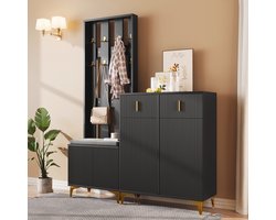 REDOM Garderobekombinatie, spaanplaat zwart met gouden details, schoenenkast met lades en kapstokset met zitbank