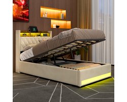 REDOM Gestoffeerd Bed 140x190 cm – Premium bedframe met LED-lichtstrip & USB-poort – Stevig hout- en ijzerframe – Comfortabel ademend schuim – Modern bed voor slaapkamer – Beige